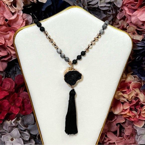 Natural Stone Necklace with Gold Dipped Hematite Geode Druzy Pendant & Tassel - Picture 1 of 16
